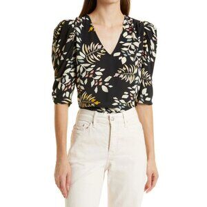 BA&SH Cross Top Floral Leaf Print Puff Sleeve Top Black Size Small/ US 4
